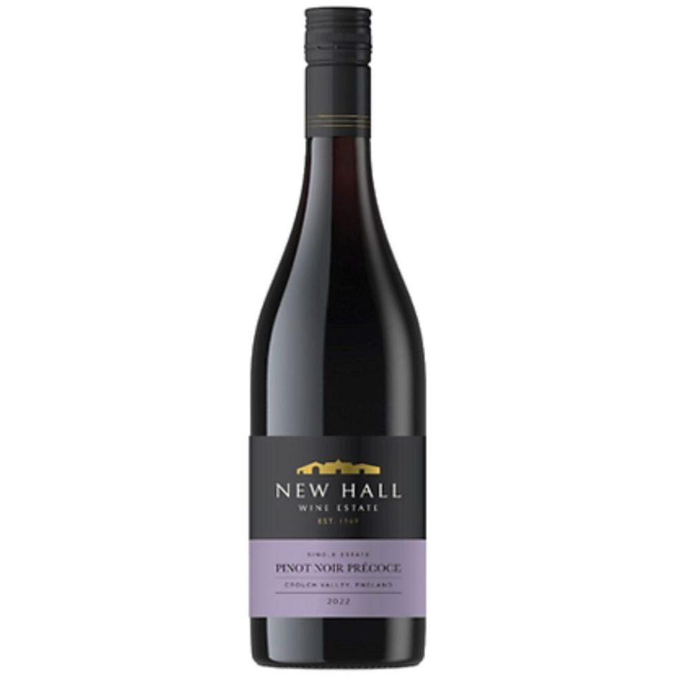 A bottle of New Hall Pinot Noir Précoce 2022, an English Red Wine
