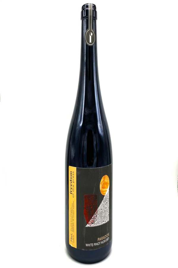 A bottle shot of an English White Wine from Freedom of the Press Winery, called Freedom of the Press Paradox White Pinot Noir 2021