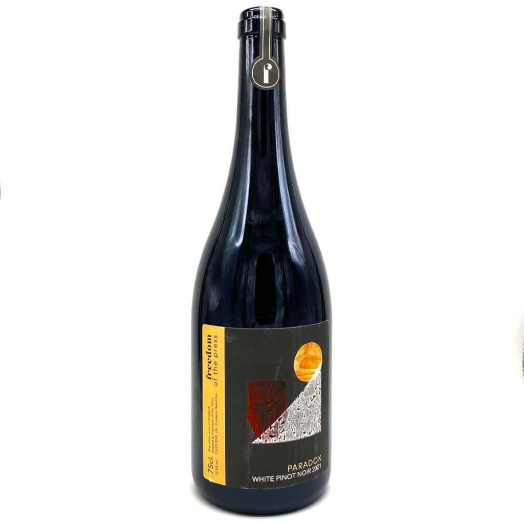 A bottle shot of an English White Wine from Freedom of the Press Winery, called Freedom of the Press Paradox White Pinot Noir 2021