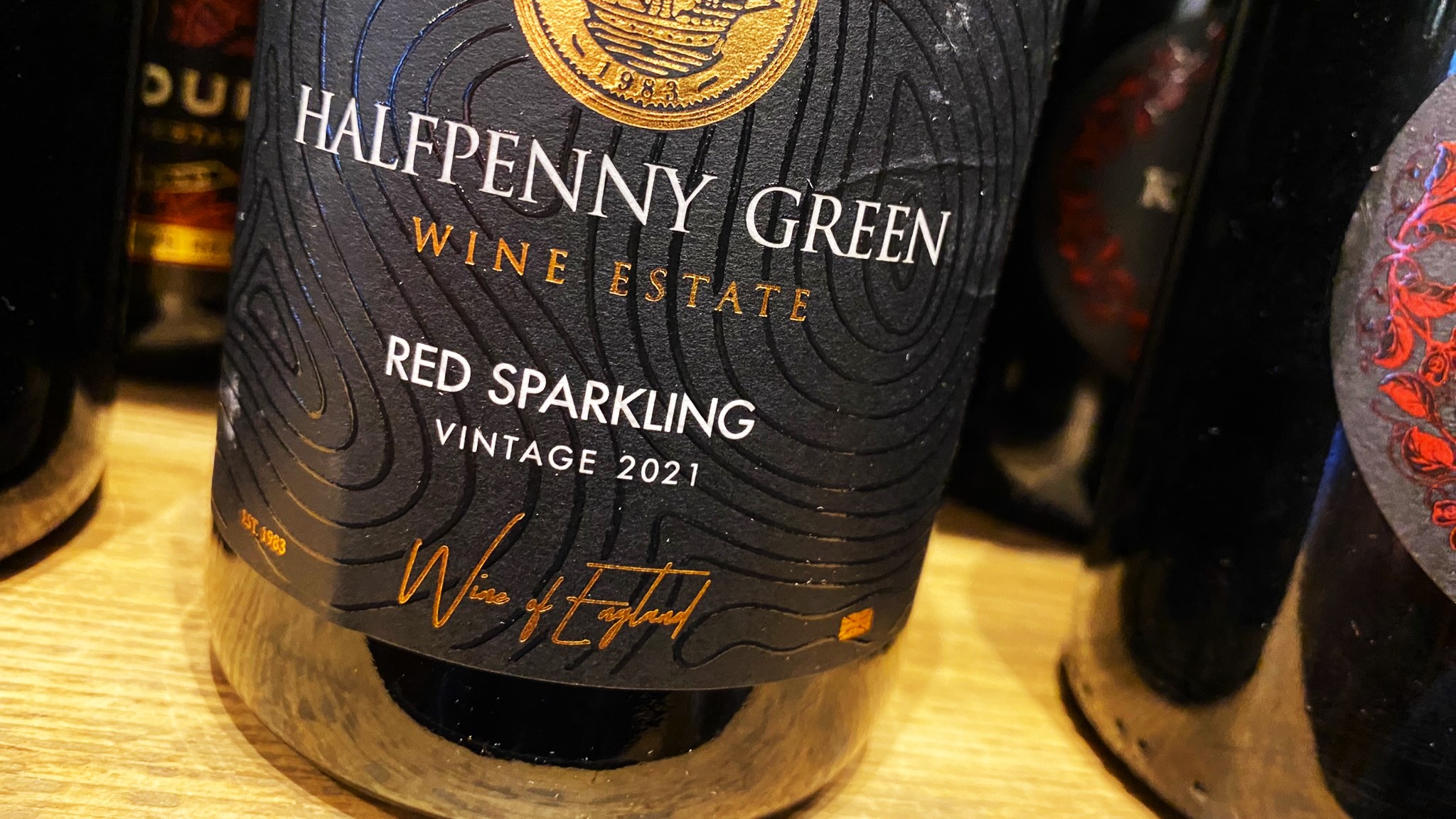 A bottle of Halfpenny Green Wine Estate Sparkling Red 2021