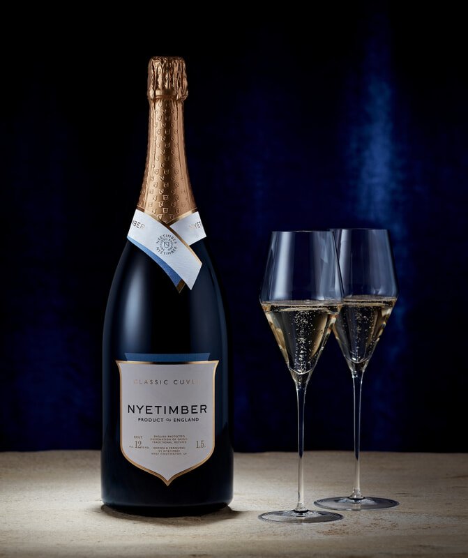 A magnum of Nyetimber Classic Cuvée with two glasses