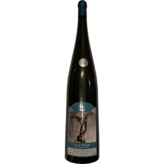 A dark bottle of wine from Sussex reserve. There is a dark green label on the bottle, with a tree on.
