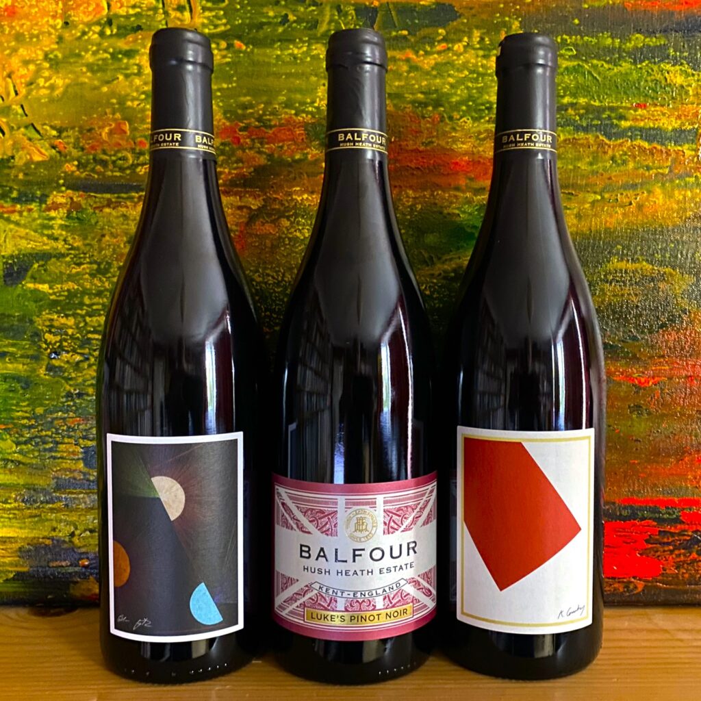 Three bottles of red wine from the 2018 vintage from Balfour Hush Heath - The Red Miller, The Suitcase and Luke's Pinot.