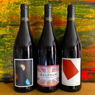 Three bottles of red wine from the 2018 vintage from Balfour Hush Heath - The Red Miller, The Suitcase and Luke's Pinot.