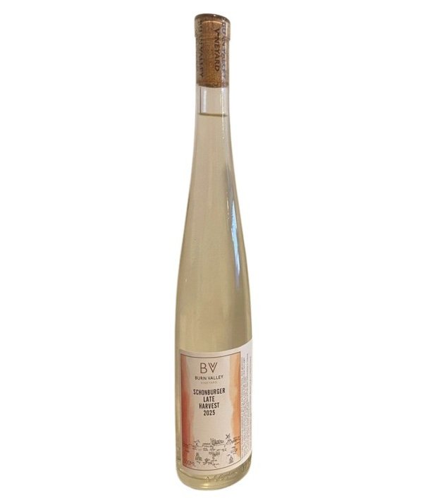 A bottle of Burn Valley Vineyard Late Harvest Schonburger 2025, and English Dessert Wine