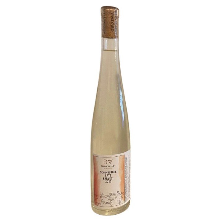 A bottle of Burn Valley Vineyard Late Harvest Schonburger 2025, and English Dessert Wine